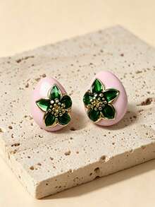 1 par de pendientes de botón ovalados vintage con detalle floral dorado, joyería de estilo elegante para mujeres, perfecto para fiestas, banquetes y uso diario - Rosa Pálido - Ver 3