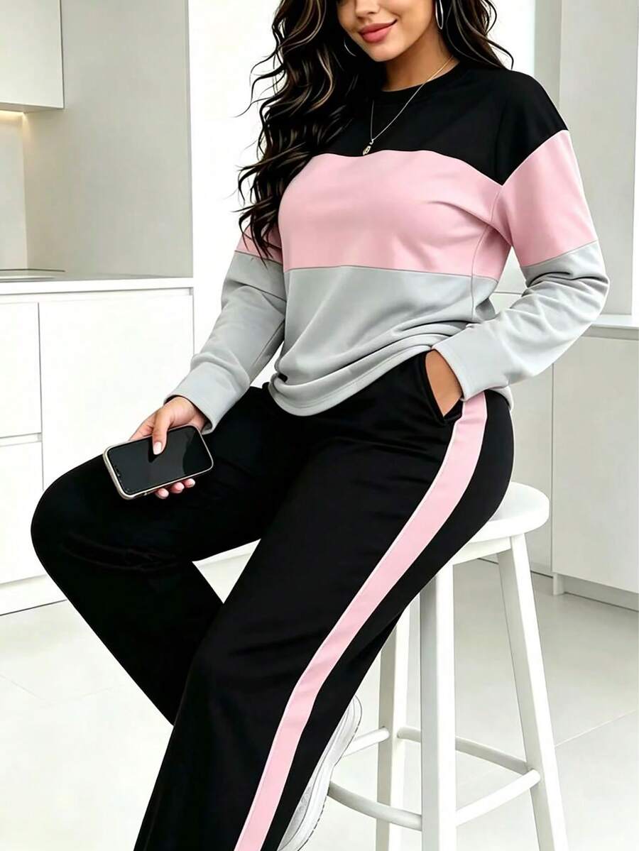 2pcs/Set Color-Block Round Neck Long Sleeve T-Shirt And Long Pants - Autumn, Winter Casual Elegant - Multicolor - View 1