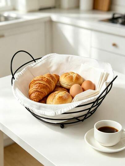 Paniers de rangement en fil métallique avec doublure amovible en coton, 3 styles, paniers à pain, panier de rangement noir et or avec poignées, plateau de rangement multi-tailles pour fruits, pain et cosmétiques, idéal pour la cuisine, la salle de bain, le garde-manger et le plan de travail, panier de rangement décoratif en fil métallique