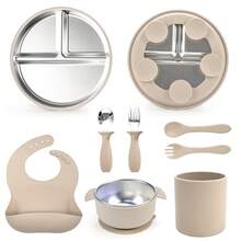 8pcs Baby Led Weaning Stainless Steel Tableware Set, Plates, Bowls, Stainless Steel Forks Spoons, Bibs, Customizable With Names And Patterns - Multicolor - View 14