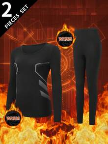 2pcs/Set Women's Warm Thermal Underwear Set, Round Neck Top + Pants, Winter Base Layer Innerwear - Black - View 2