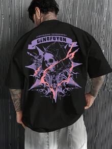 T-shirt pour homme à la mode sur le thème d'Halloween, imprimé de crânes et de scythes en tons violacés et roses contrastés, style urbain américain. - Noir - Voir 6