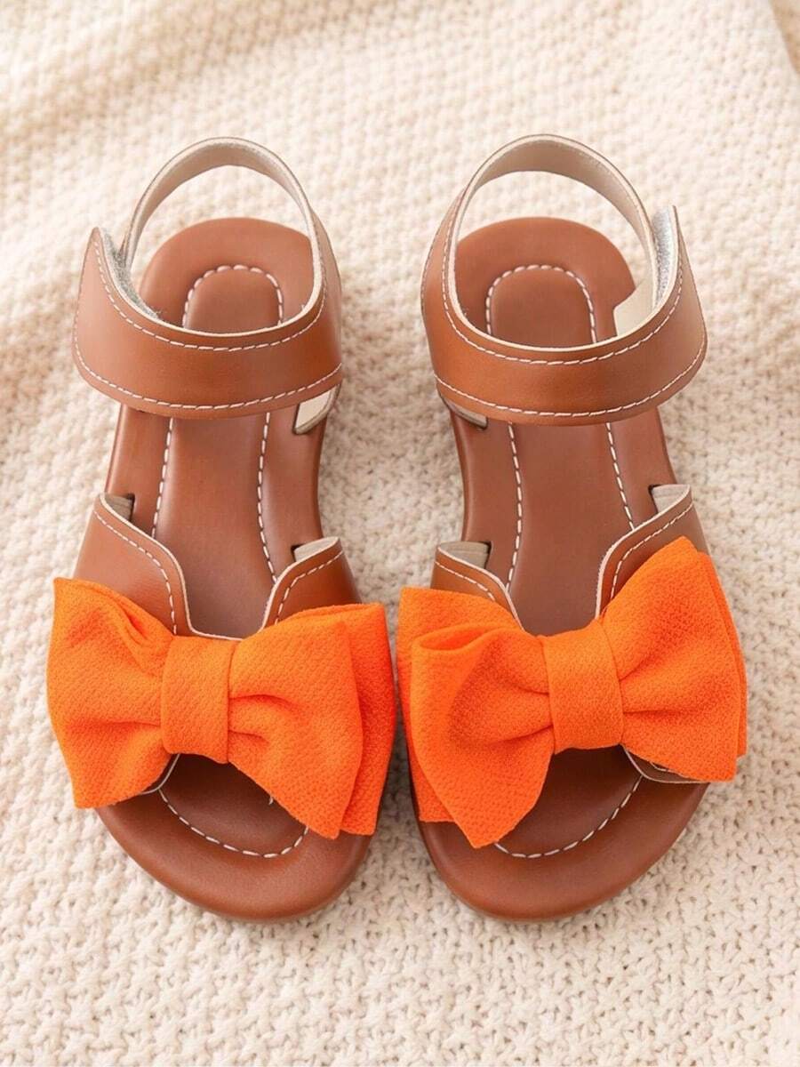 Summer New 3-12 Years Caramel Sandals With Orange Big Bow Strap . Princess Sandals . Beach Sandals | Wide Hook And Loop Adjustable Non-Slip Heel Non-Chafing . Energetic Retro Style | Spring Summer Daily Park Outing Wear - Brown - View 1