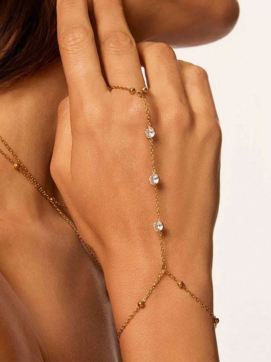 STONEFANS 1pc Single Diamond Daily Wear Connected Finger Bracelet, Niche Design Adjustable Women's Bracelet, European And American Jewelry Accessory - Bead - View 1