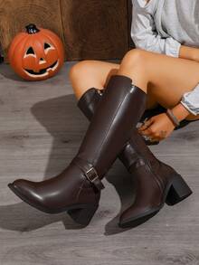 WTKMRSSTEP Women's Autumn/Winter Retro Metal Buckle Knight Tall Boots, Chunky Heel, Side Zipper, Daily Commute High Boots - Coffee Brown - View 1