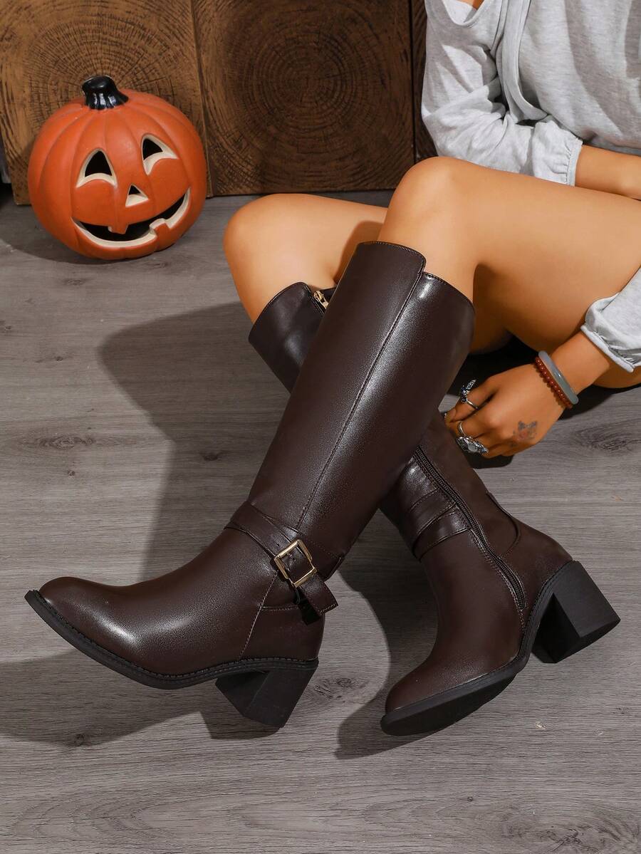 WTKMRSSTEP Women's Autumn/Winter Retro Metal Buckle Knight Tall Boots, Chunky Heel, Side Zipper, Daily Commute High Boots - Coffee Brown - View 1