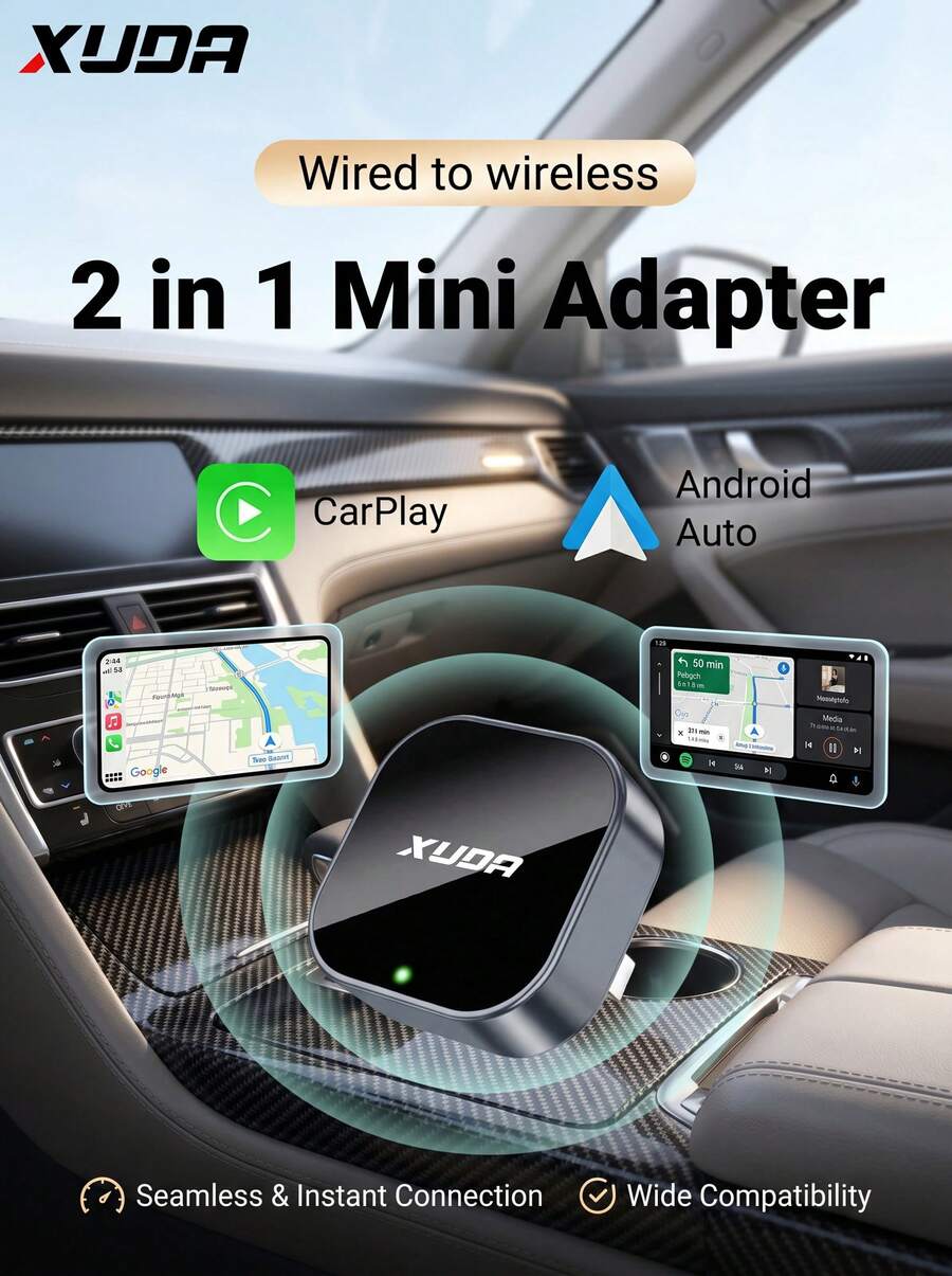 XUDA 2026 新款 2-in-1 無線 CarPlay / Android Auto Mini 轉接器 - 2.4-5.0 GHz WiFi 5 Carplay 轉換器,有線轉無線,快速自動連接,無延遲,緊湊設計,附 USB/USB-C 接口,免電池 - A - 查看 1