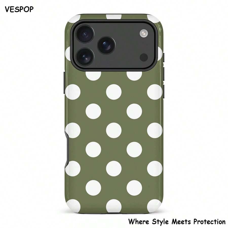VESPOP Polka Dot Green & White Polka Dot Phone Case - Shock-Proof Phone Case, Fit For IPhone 17/16/15/14/13/12/11 Pro Max/Pro Plus/12 Mini/13 Mini, Fit For Galaxy S26 S25 S24 S23 S22 S21 Plus Ultra Phone Case - Dark Green Background With White Dots - View 1