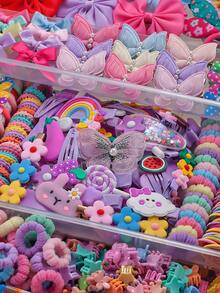 862pcs Macaron Rainbow Color Cute Children Hair Accessories Set, Includes Satin Large Bows/Cartoon Rainbow/Pearl Butterfly/Star Hair Clips, Rabbit Ears/Polka Dot Flower Hair Ties, Mini Claw Clips And Multiple High Elasticity Basic Headbands, Suitable For Children's Daily Styling, Hair Tying, Organizing Loose Hair And Creating Beautiful Hairstyles - Multicolor - View 4