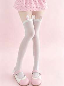 1/2 Pairs Sweet Cool Girl Plush Rabbit Ear Over-The-Knee Socks, Ribbon Bow Decor High Tube Socks, Subculture Lolita Slimming Long Socks - White - View 10