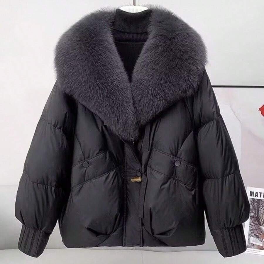 Winter Elegant Women's Jacket, Black Woven Fabric, Long Sleeve, Regular Hem Padded Coat - Black - View 1