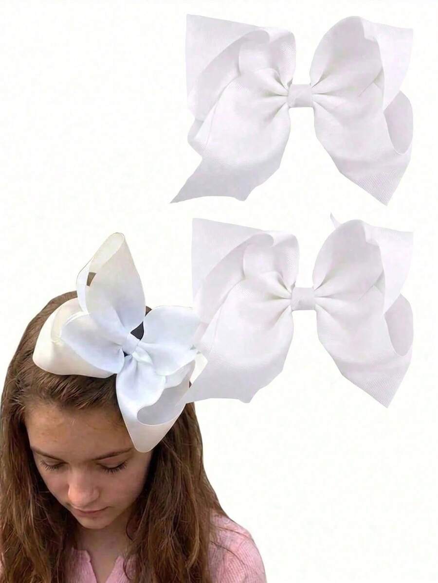 2pcs White Bow Hair Clips, Large Satin Ribbon Bow Hair Clips For Girls, Back To School - Multicolor - View 1