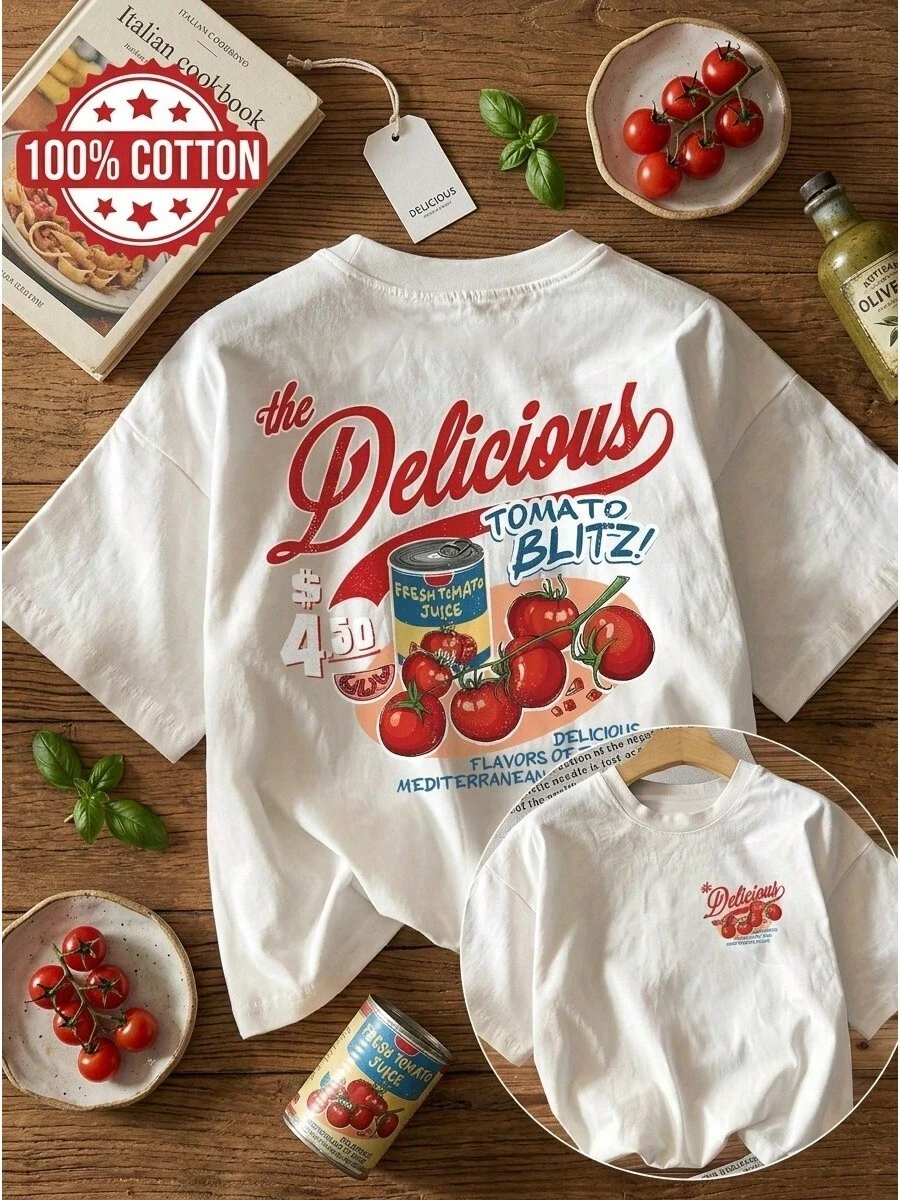 [Stampato su entrambi i lati] Lattine di pomodoro in stile vintage, il delizioso TOMATO BLITZ! T-shirt a maniche corte con scollo rotondo e stampa di pomodori freschi. - Weiss - Visualizzare 1