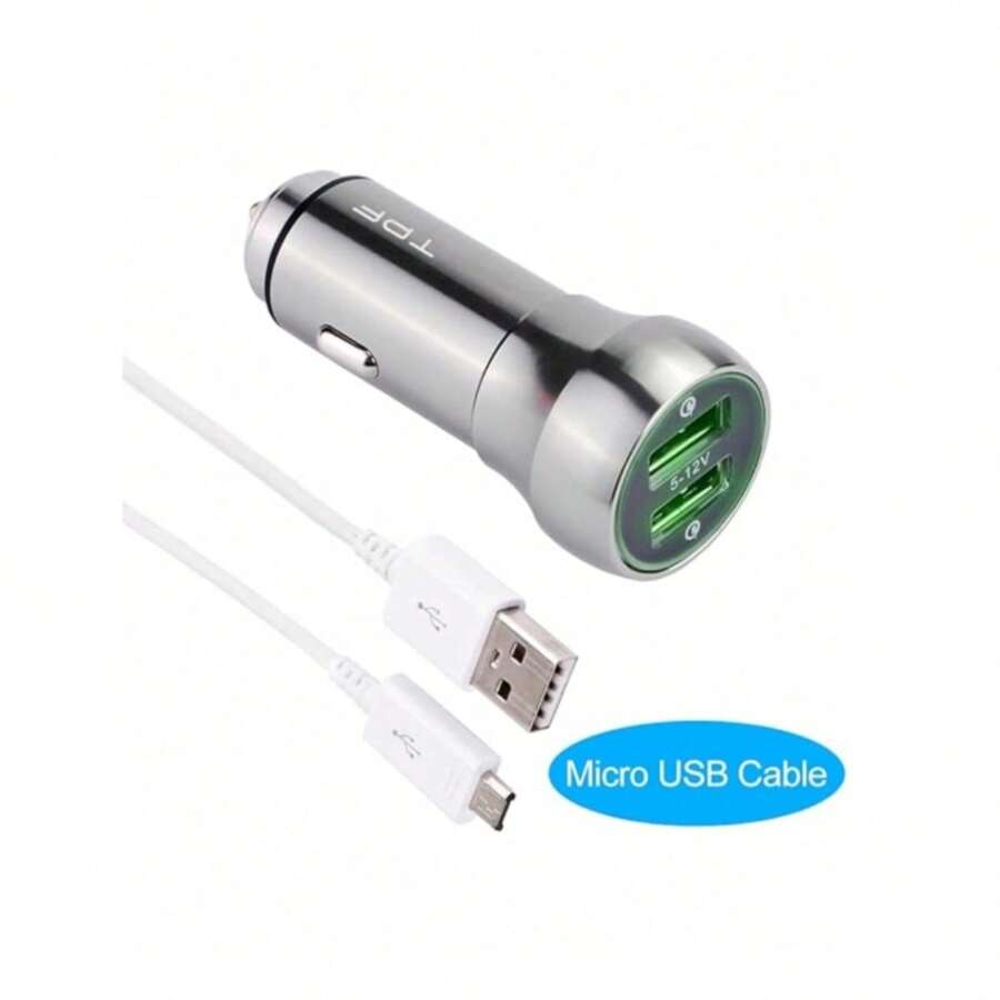 Fast Charging Car Charger With 2 Ports, Micro USB Cable - Light Grey - View 1