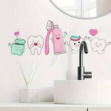 1pc Dental Health Wall Sticker, Featuring Cute Tooth Characters, Toothbrush And Floss Patterns, Removable Peel And Stick Decorative Decal, Suitable For Bathroom Vanity Area Decoration, Oral Care Themed Art - Multicolor - View 5