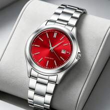 1pc Unisex Silver Stainless Steel Quartz Watch With Red Sunburst Bar-Index Date Dial, Water-Resistant Business And Casual Quartz Wristwatch - one-size - View 1
