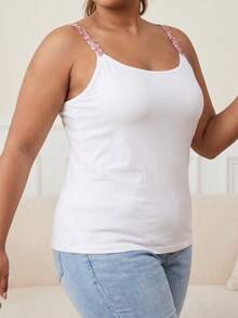 Plus Size Women's Built-In Bra Camisole, Embroidered Floral Straps, Thick Padded Cups, Everyday Basic Layering Tank Top - White - View 4