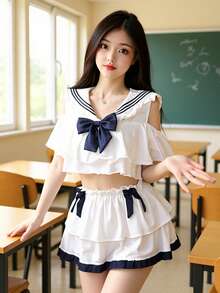 一套（上衣*1 + 裙子*1）学生水手服，可爱套装（建议体重80-120磅），不含袜子，条纹蝴蝶结藏蓝色套装，女士清新蓝白啦啦队服，角色扮演学生制服套装，校园风角色扮演服装，可爱校园JK制服，前系带女学生套装 - 白色 - 查看 8