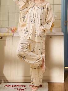 Gongdie 2 Pieces Snoopy Women Pajama Set,Spring Fall Soft Modal Cotton With Lace Trim And Elasticized Cuffs Loungewear - Apricot - View 9