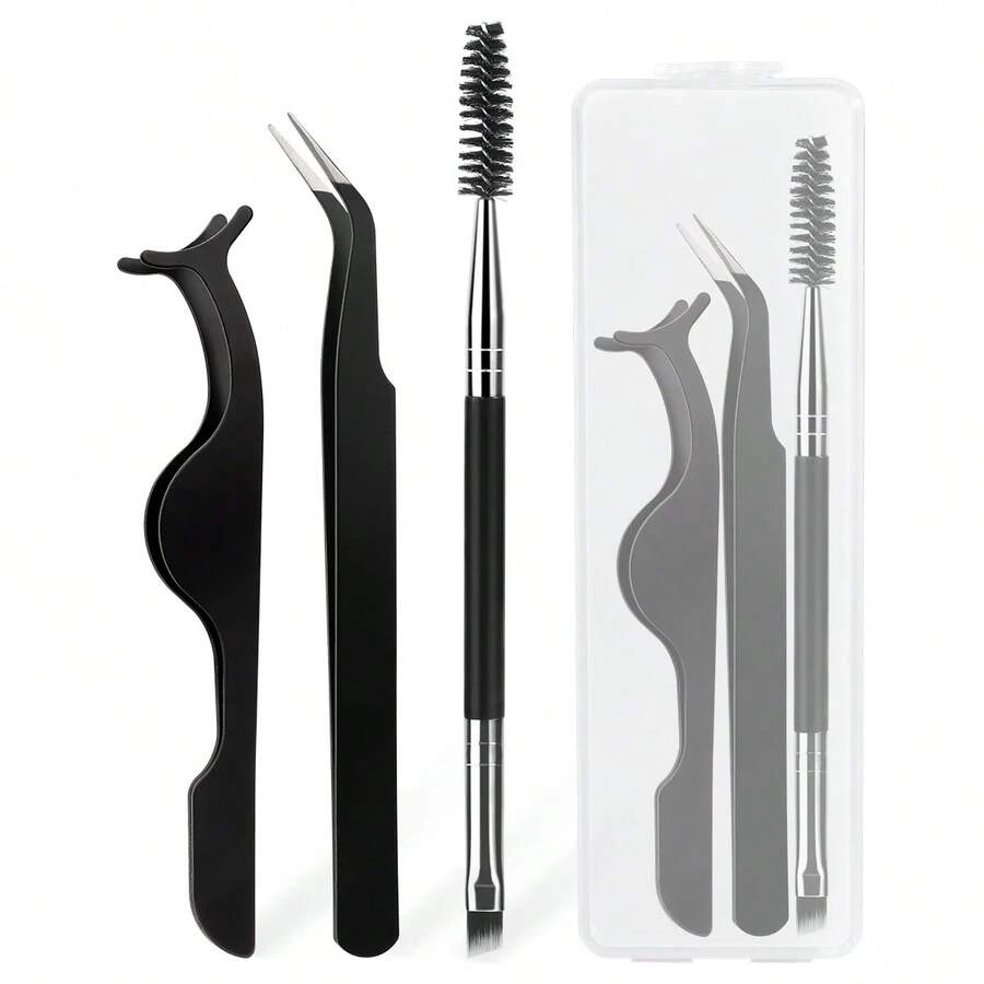 MONKIDS 3pcs Eyelash Tweezers & Brush Set With Storage Box, Includes Pointed Curved Tweezers, False Eyelash Curler And Eyelash Brush, Eyelash Extension And Grooming Tools