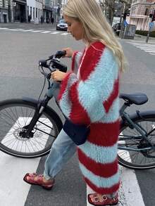 Women's Colorblock Striped Fuzzy Long Cardigan, Front Open Lantern Sleeve Loose Oversized Long Knit Sweater Jacket, Y2K Style Falloutfits - Multicolor - View 1