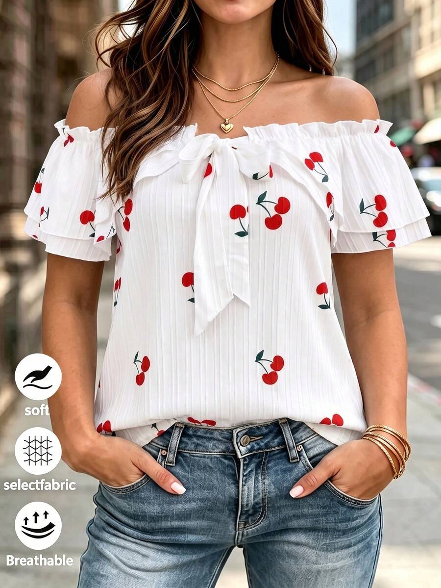 Plus Size Cherry Print Cute Off-Shoulder Top With Belt Bow Decor And Ruffle Hem, Autumn Daily Wear - Multicolor - View 1