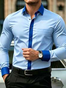Men's Contrast Pocket Single-Breasted Long Sleeve Formal Shirt - Baby Blue - View 1