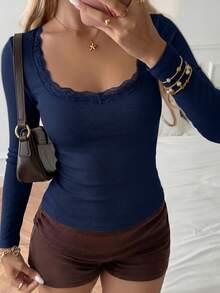 Áo nữ dài tay cổ tròn ren phong cách Y2K, giản dị và gợi cảm, phù hợp cho mùa tựu trường, thu xuân. - Màu xanh hải quân - Xem 4