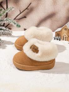1 Pair Minimalist Shallow Round Toe Baby Warm Snow Boots, Cartoon Bear Plush Trim, Non-Slip Flat Sole, Winter Indoor Shoes - Brown - View 4