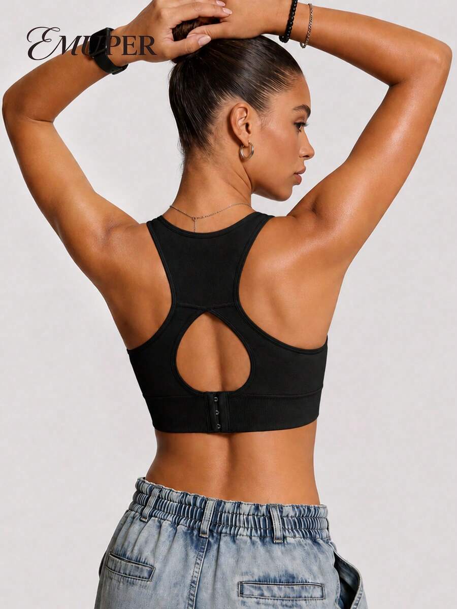 EMUPER 1pc Seamless Racerback Sports Bra, Hollow-Out Backside Elasticity Solid Color Underwear For Women - Black - View 1