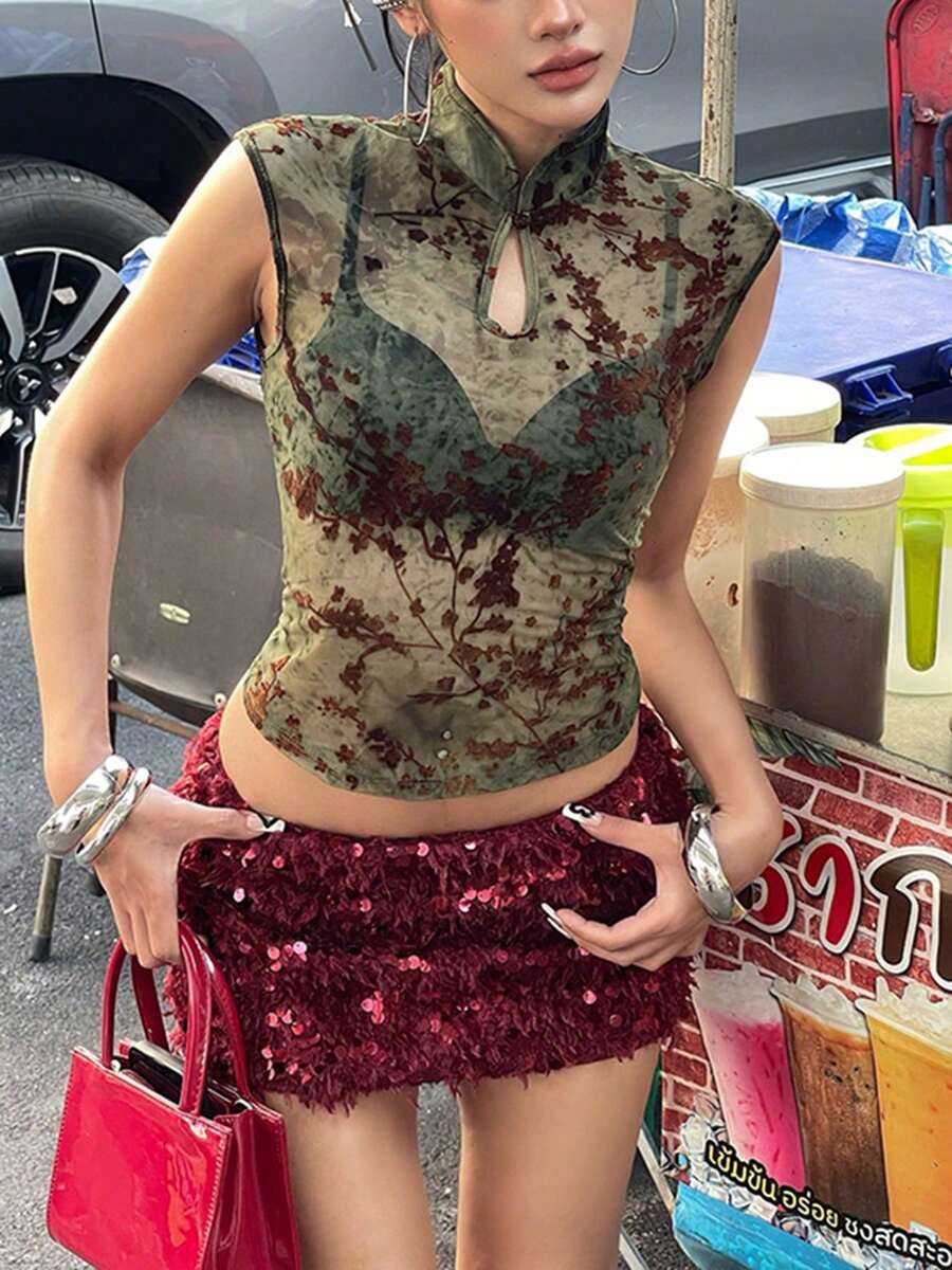 DOUCIU 女款透視無袖小高領修身上衣 日常街頭風旅行穿搭 - 綠色 - 查看 1