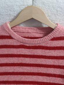 Set Musim Dingin Wanita, Sweater Leher Bulat Bergaris Blok Warna Vintage, Atasan Rajut Longgar Lembut dengan Bahu Jatuh - Berwarna merah muda - View 7