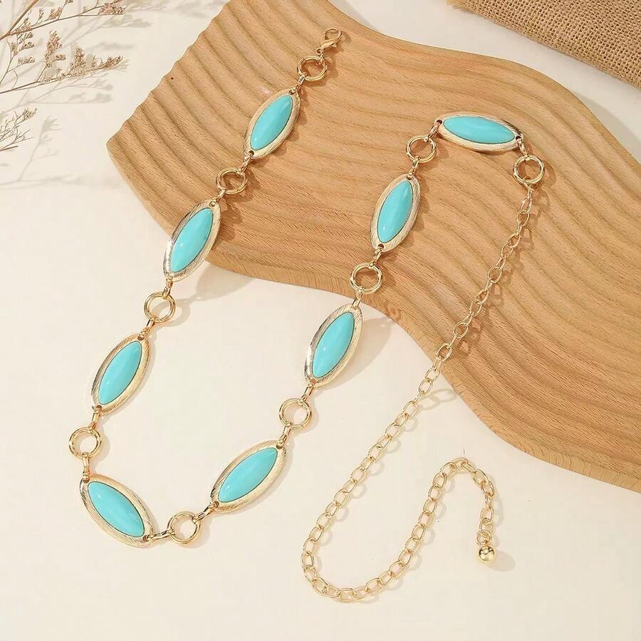 Summer Beach Vacation Easter Enamel Chain Belt, Multicolor Oval Waist Chain, Casual Wedding Evening Dress Fashion Accessory - Cadet Blue - View 1