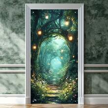 2D Door Curtain Banner, 1pc Magic Forest Tree Hollow Design Polyester Doorway Curtain, Multi-Purpose No-Plug Doorway Banner, Universal Door Cover Backdrop Banner - Multicolor - View 1