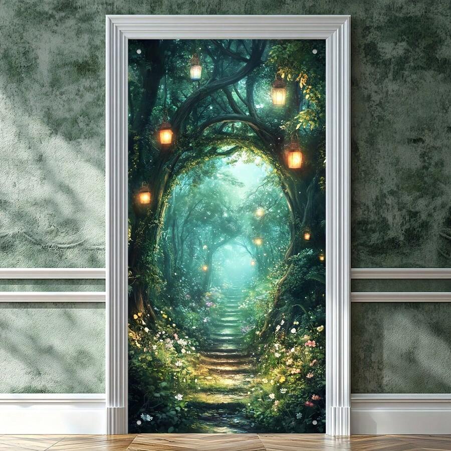2D Door Curtain Banner, 1pc Magic Forest Tree Hollow Design Polyester Doorway Curtain, Multi-Purpose No-Plug Doorway Banner, Universal Door Cover Backdrop Banner - Multicolor - View 1