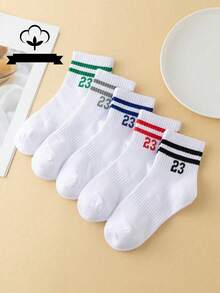 5 pares de calcetines de algodón puro para niños/niños mayores con letras coloridas y doble raya, estilo minimalista versátil, de media pantorrilla - Multicolor - Ver 5