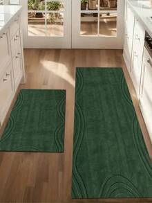 Solid Dark Olive Green Embedded Light Green Curve Texture Minimal Forest Kitchen Rug 3 Piece Set, Full Deep Olive Solid Tone Surface, Subtle Layered Light Green Curved Arc Lines Distributed Around Four Sides, Dense Wear-Resistant Printing - Multicolor - View 5
