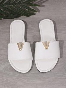 1 Pair Women's White Flat Sandals, Casual Vacation Beach Style, Comfortable Fashion Versatile Slide Sandals - White - View 7