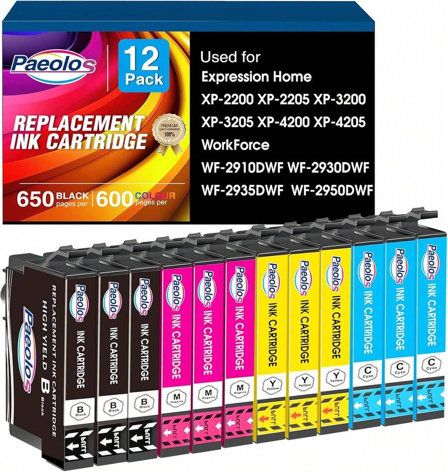 Paeolos 604XL Ink Cartridges 12 Pack Compatible Expression Home XP-2200 XP-2205 XP-3200 XP-3205 XP-4200 XP-4205 Workforce WF-291 - View 1