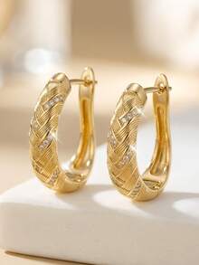 CHICAT French Vintage Gold-Plated Woven Texture Cubic Zirconia Thick Hoop Earrings, Daily Fashion Personalized Jewelry - Gold - View 6