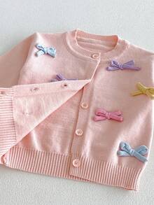 Girls' Gentle Style Pink Knitted Cardigan, 3D Macaron Colorful Bow Ruffle Sleeve Children's Jacket - Pink - View 6