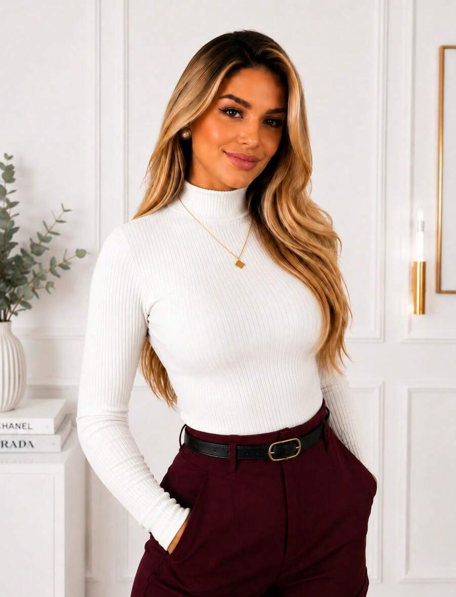 Women's Ribbed Mock Neck Long Sleeve Base Layer Top Elegant Basic Casual Gift - 白色的 - 查看 1