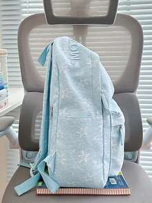 Mochila con patrón de estrellas azules frescas para estudiantes universitarias, estilo sencillo de chica, mochila de campus de escuela secundaria, mochila casual para compras - Azul menta - Ver 5