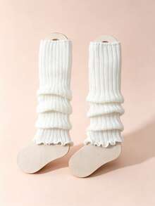 1/2 Pairs Girls Black & White Knitted Leg Warmers, Solid Color Vertical Stripe Ruffle Leg Leg Warmers, Elastic Calf Leg Warmers, Suitable For Matching With Skirts, All Seasons - Multicolor - View 2