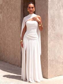 UNITHORSE Strapless Chiffon Evening Gown Dress With Ribbon Back Tie - White - View 3