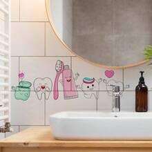1pc Dental Health Wall Sticker, Featuring Cute Tooth Characters, Toothbrush And Floss Patterns, Removable Peel And Stick Decorative Decal, Suitable For Bathroom Vanity Area Decoration, Oral Care Themed Art - Multicolor - View 6