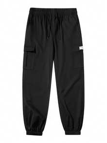 Men's American Street Style Cargo Jogger Pants, Multi-Pocket Drawstring Versatile Casual Workwear Long Pants - Black - View 2
