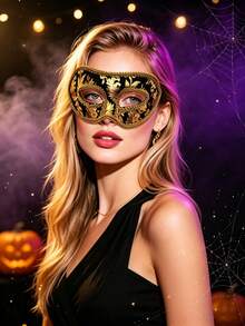 14pcs/12pcs/7pcs/6pcs/1pc Elegant Venetian Masquerade Masks, Sparkling Half Face Masks, Perfect For Performance, Unisex, Cosplay And Halloween Party, Carnival And Christmas Party - Adjustable Ribbon Design - Gold-stamped Cloth Mask - View 9