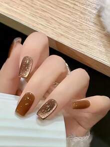 Monina 24pcs Caramel Coffee Cat Eye Press-On Nails, Holiday Essential Gift, Pure Handmade Light Therapy, Elegant & Skin-Brightening - Khaki - View 7