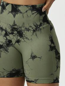 女款 1 件裝 紮染拼接色 羅紋無縫抓皺高腰運動短褲，適合騎行夏季 - 綠色 - 查看 5
